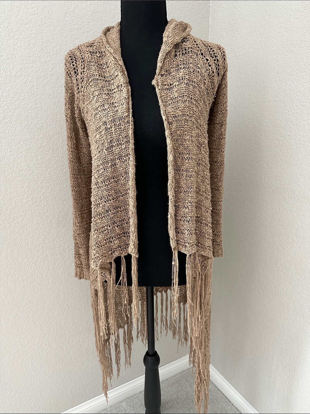 Full Tilt Open-Front Fringe Hooded Cardigan in Tan